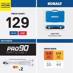 Kobalt Mechanics Tool Sets 129-Piece Standard (SAE) and Metric Combination Polished Chrome Mechanics Tool Set (1/4-in; 3/8-in) -Hot Sale Kobalt Shop 17783413 scaled